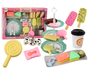 Kondiitri kohvikumängukomplekt maiustustega 25 osa, näitab kõiki komponente koos mänguasi komplektiga.