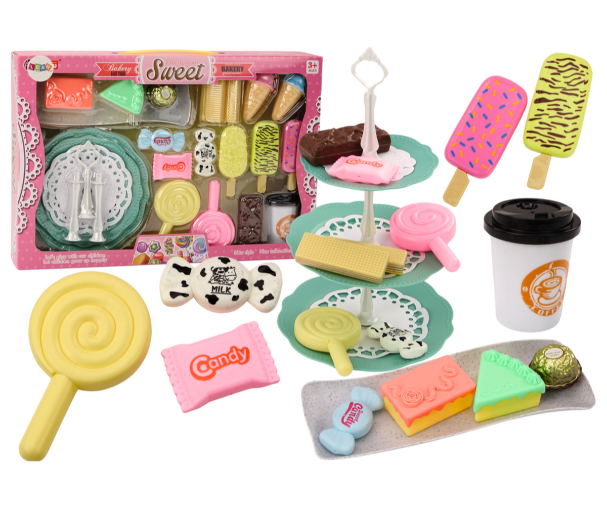 Kondiitri kohvikumängukomplekt maiustustega 25 osa, näitab kõiki komponente koos mänguasi komplektiga.