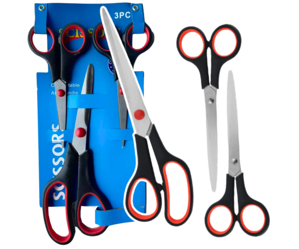 Kolmeosaline kontorikääride komplekt, mis sisaldab universaalseid käärid.