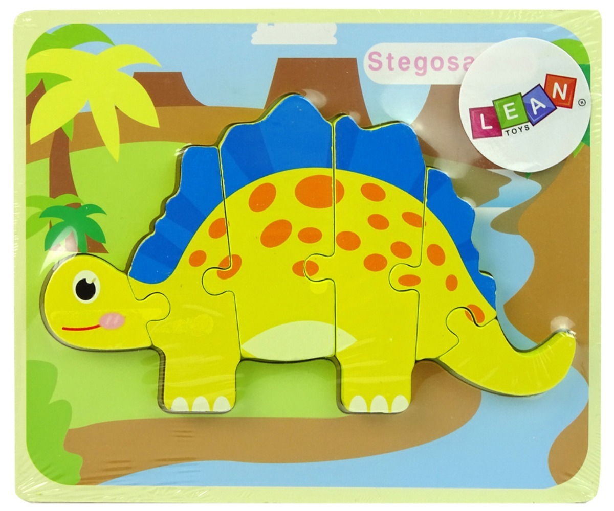 Puidust pusle dinosaurus Stegosaurus – kollane, värviline ja mänguline disain
