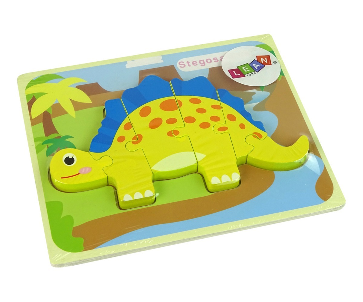 Puidust pusle dinosaurus Stegosaurus – kollane, lastele mõeldud puslede kogum