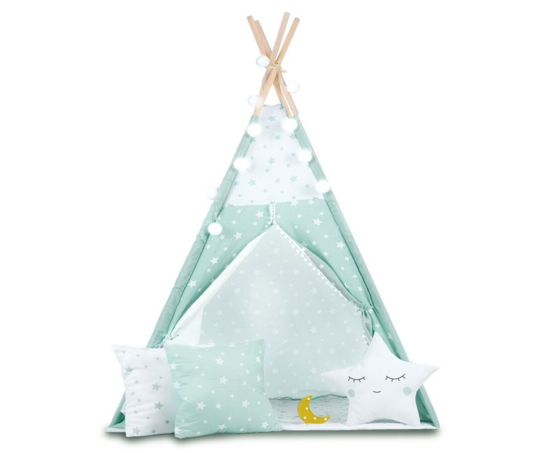 Laste tipi-telk tulekestega – mündiroheline tähemustriga, kenad padjad telgis