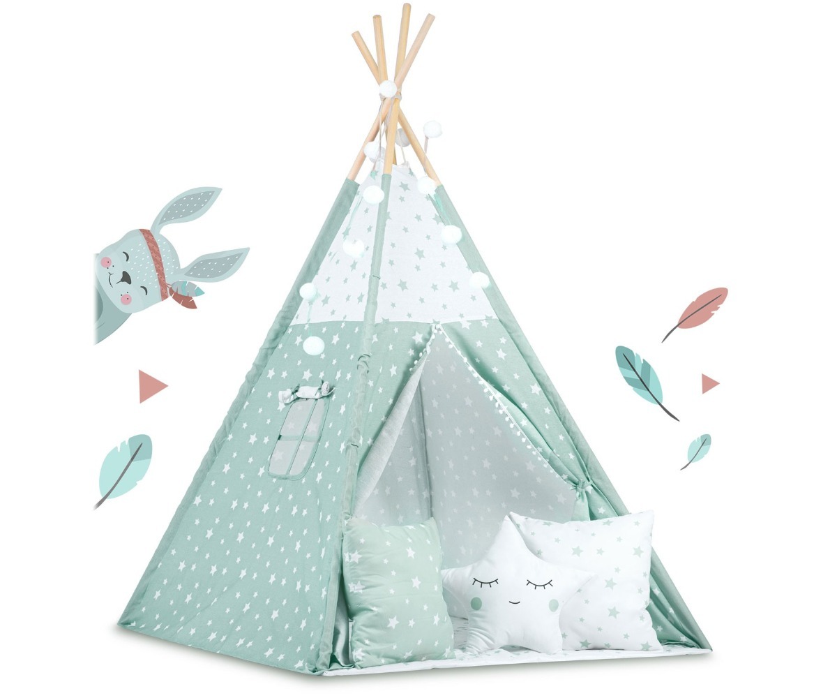 Laste tipi-telk tulekestega – mündiroheline tähemustriga, jänes ja sulgede motiivid