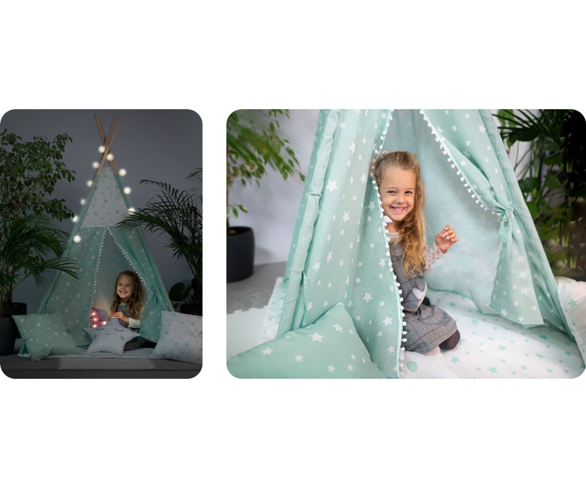 Kaks pilti laste tipi-telgist tulekestega – mündiroheline tähemustriga, laps lasteaia keskkonnas