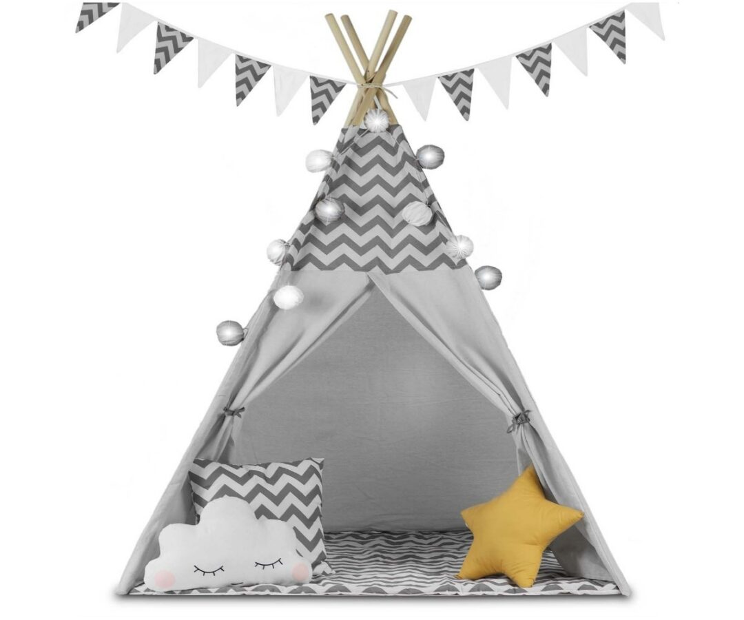 Laste tipi-telk tulekestega Nukido - hall, sissevaade sisemusse ja kaunistused.