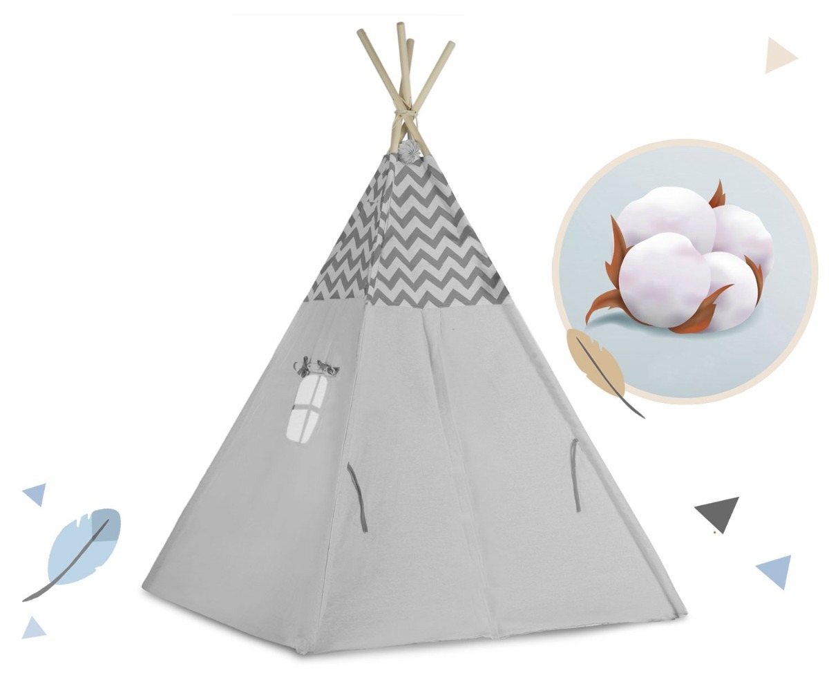 Laste tipi-telk tulekestega Nukido - hall, välisilme ja funktsionaalne disain.