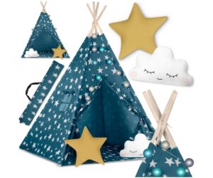 Laste tipi-telk tulekestega Nukido – sinine, tähed ja dekoratiivsed elemendid