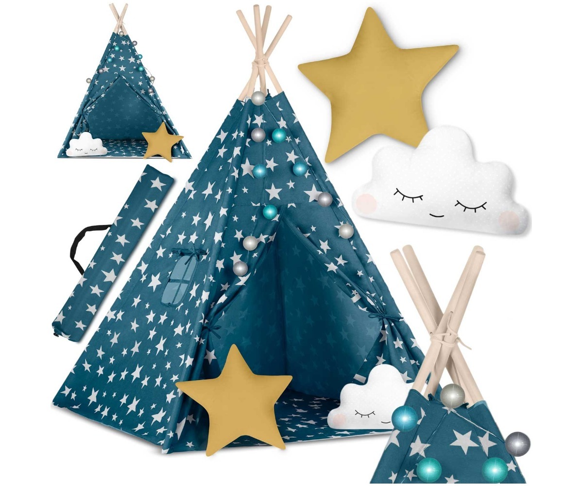 Laste tipi-telk tulekestega Nukido – sinine, tähed ja dekoratiivsed elemendid