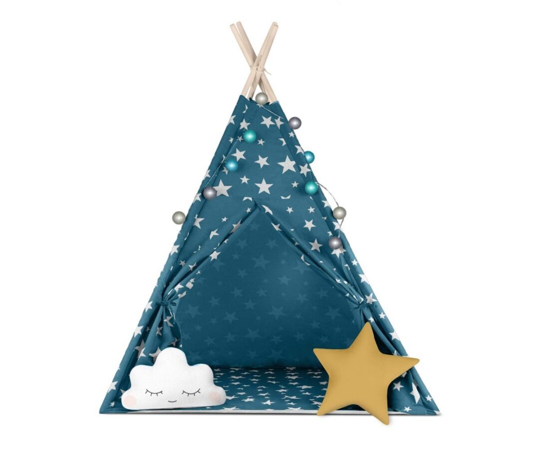 Laste tipi-telk tulekestega Nukido – sinine, välimine vaade ja dekoratsioonid