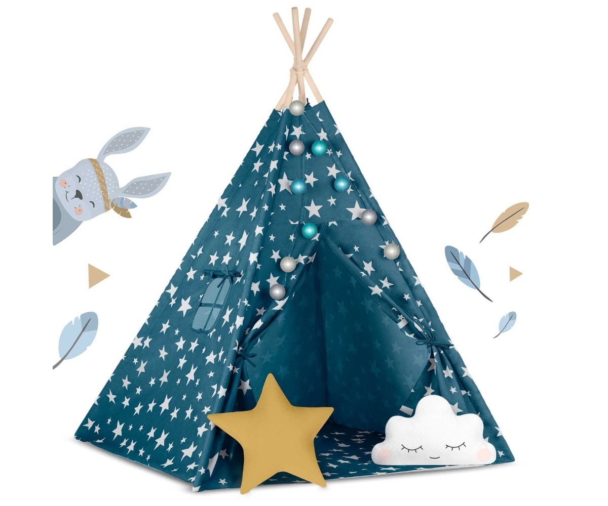 Laste tipi-telk tulekestega Nukido – sinine, kaunistused ja visiitkaardid