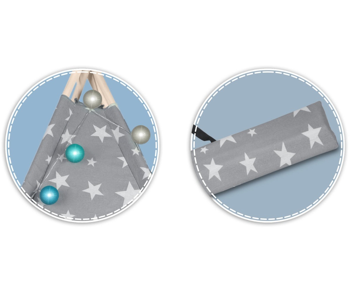 Detailne vaade laste tipi-telk tulekestega Nukido, kena mustriga kangas