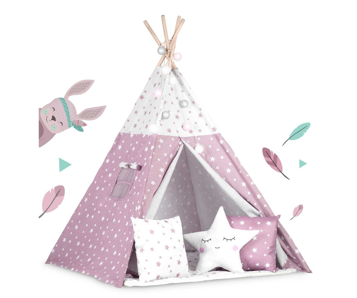 Võluv laste tipi-telk tulekestega Nukido roosa tähtedega, koos dekoratiivsete elementidega