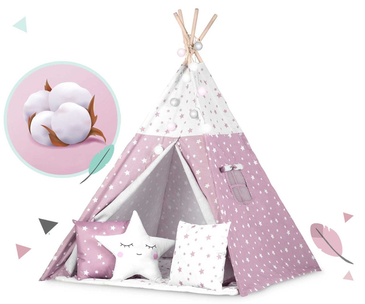 Laste tipi-telk tulekestega Nukido, pehme puuvillane kangas ja toredad padjad