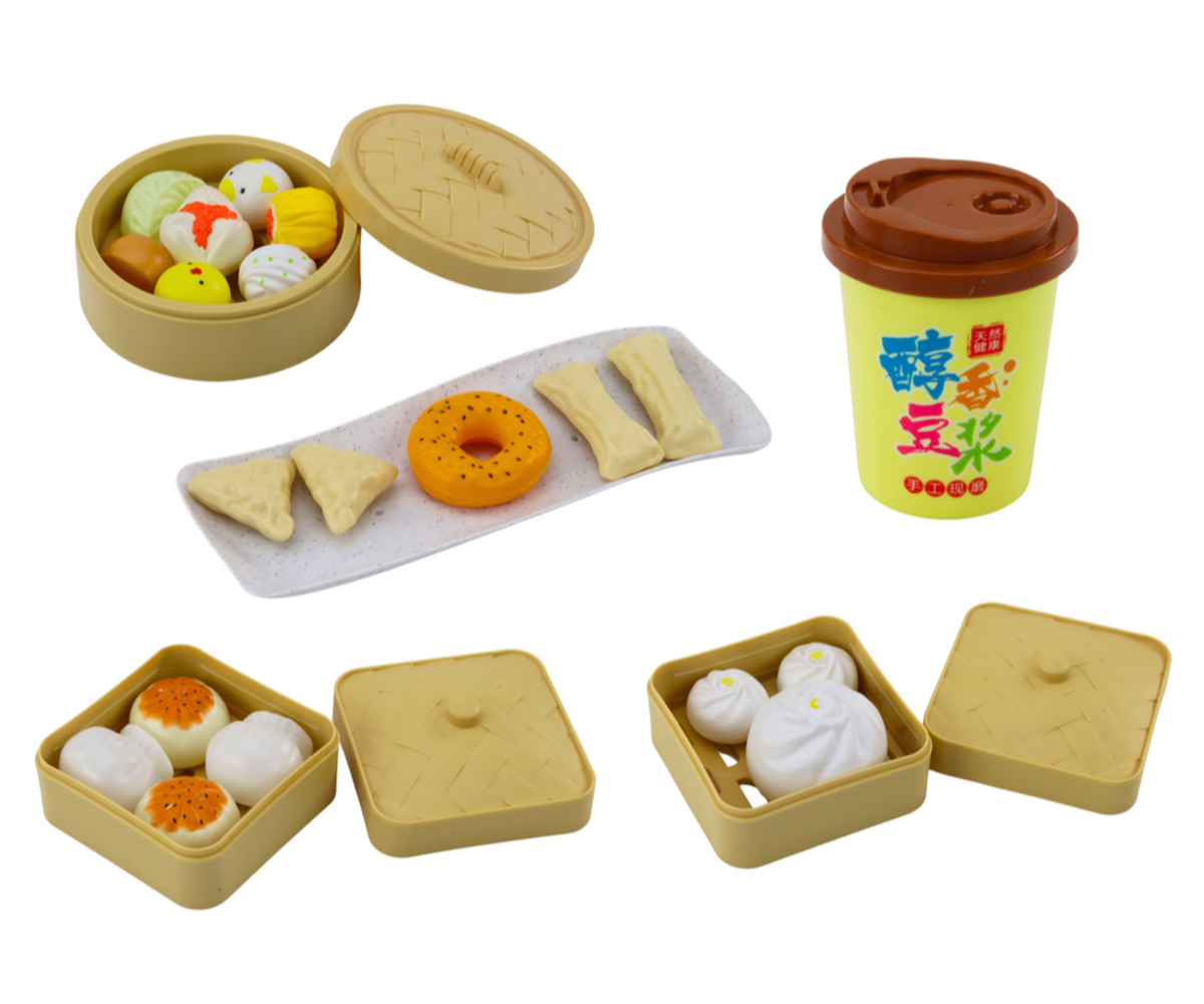 Hommikusöögi mängukomplekt – köögiviljad ja nõud (38 osa) koos erinevate mängutoidu üksustega.