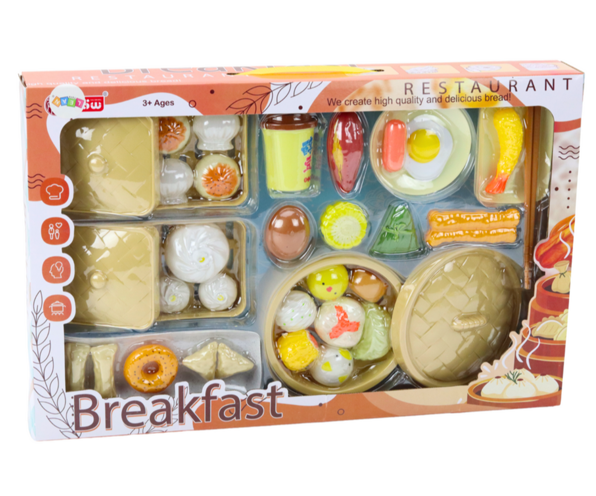 Hommikusöögi mängukomplekt – köögiviljad ja nõud (38 osa) karbi täielik ülevaade, sisaldades erinevaid toidukomplekte.