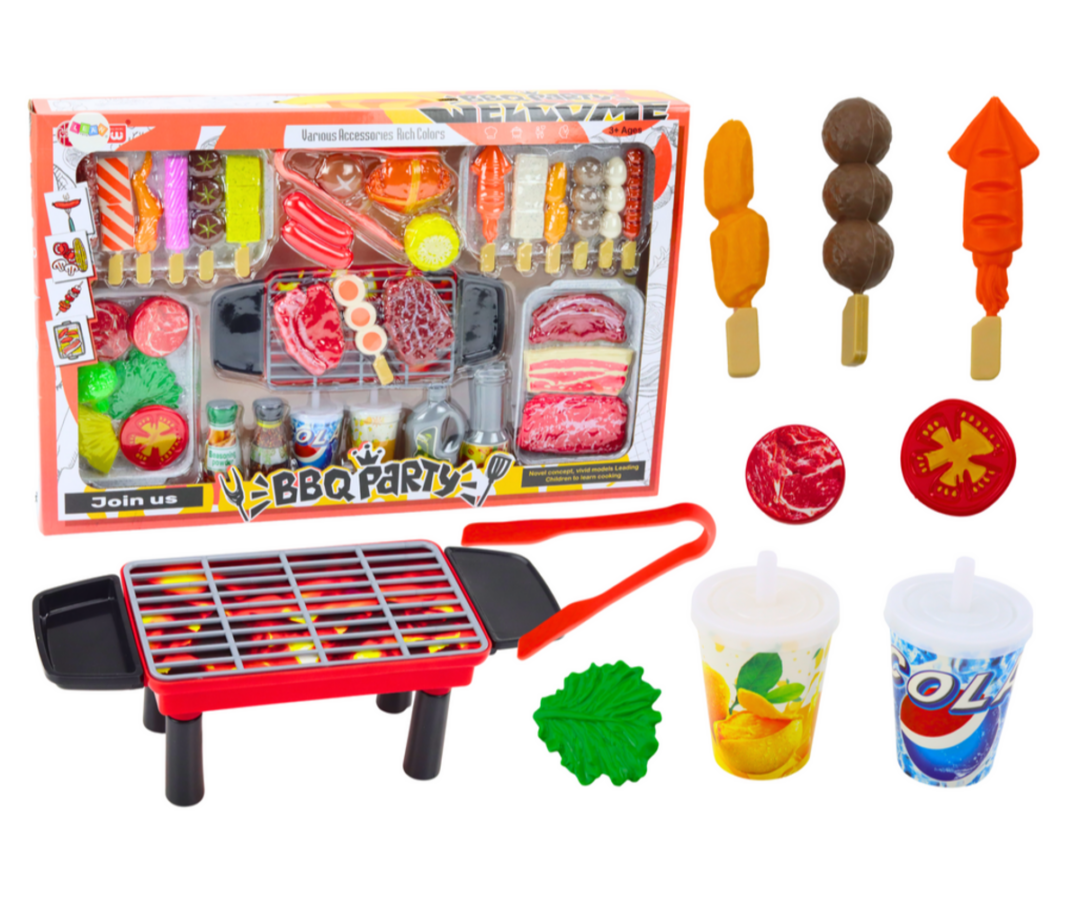 Grillipeo mängukomplekt – toit ja joogid (40 osa), kaasas mängugrill ja mitmesugused mängutoidud ja joogid
