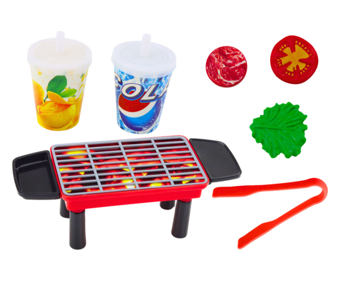 Grillipeo mängukomplekt – toit ja joogid (40 osa), mängugrill koos jookide ja köögiviljadega
