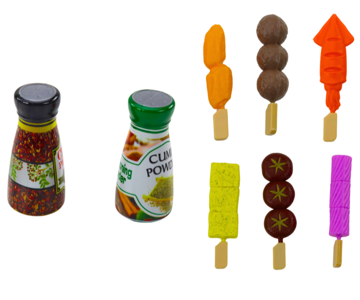 Grillipeo mängukomplekt – toit ja joogid (40 osa), sisaldab maitseaineid ja erinevaid mängusöögivilju