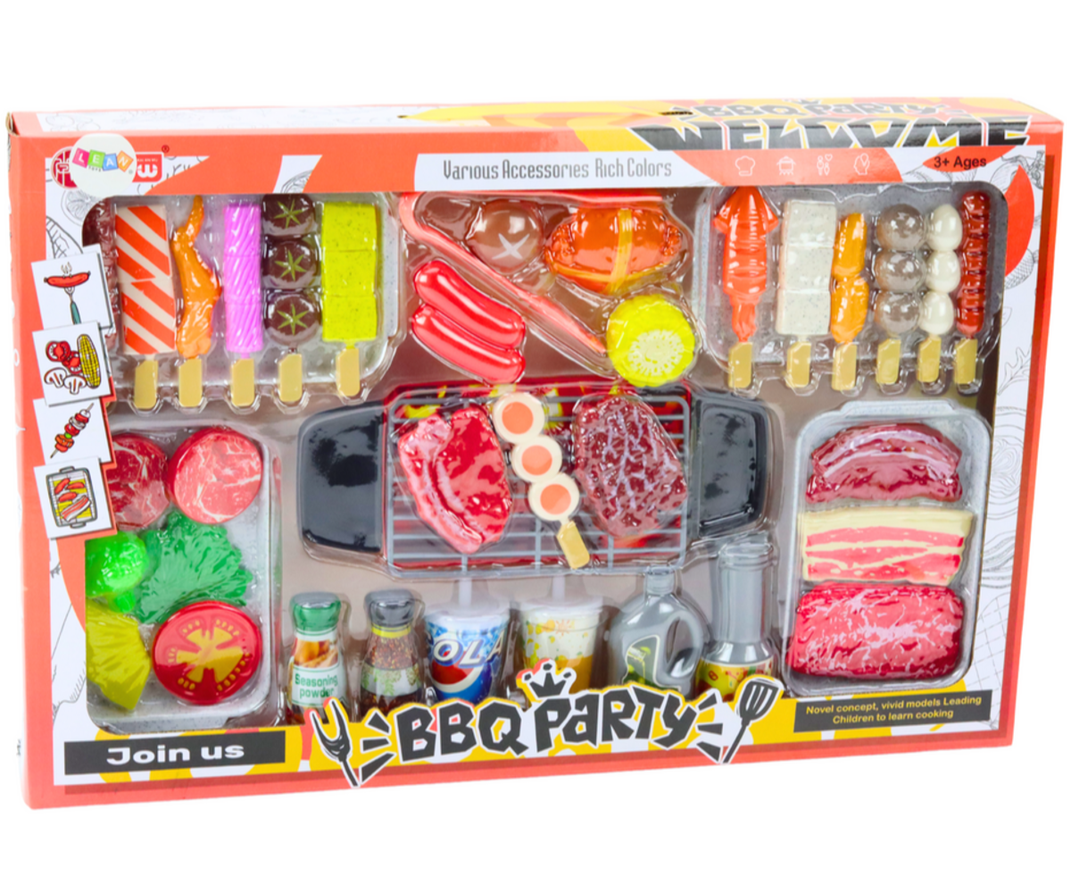 Grillipeo mängukomplekt – toit ja joogid (40 osa), sisaldab mitmekesiseid toiduaineid ja grillitarvikuid