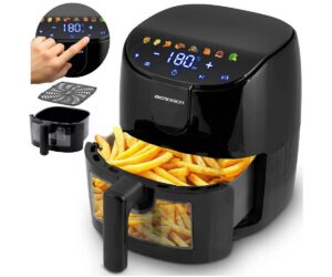 Kuumaõhufritüür 4L Air Fryer Berdsen BD-658 – must, lisavarustus ja praetud fries.