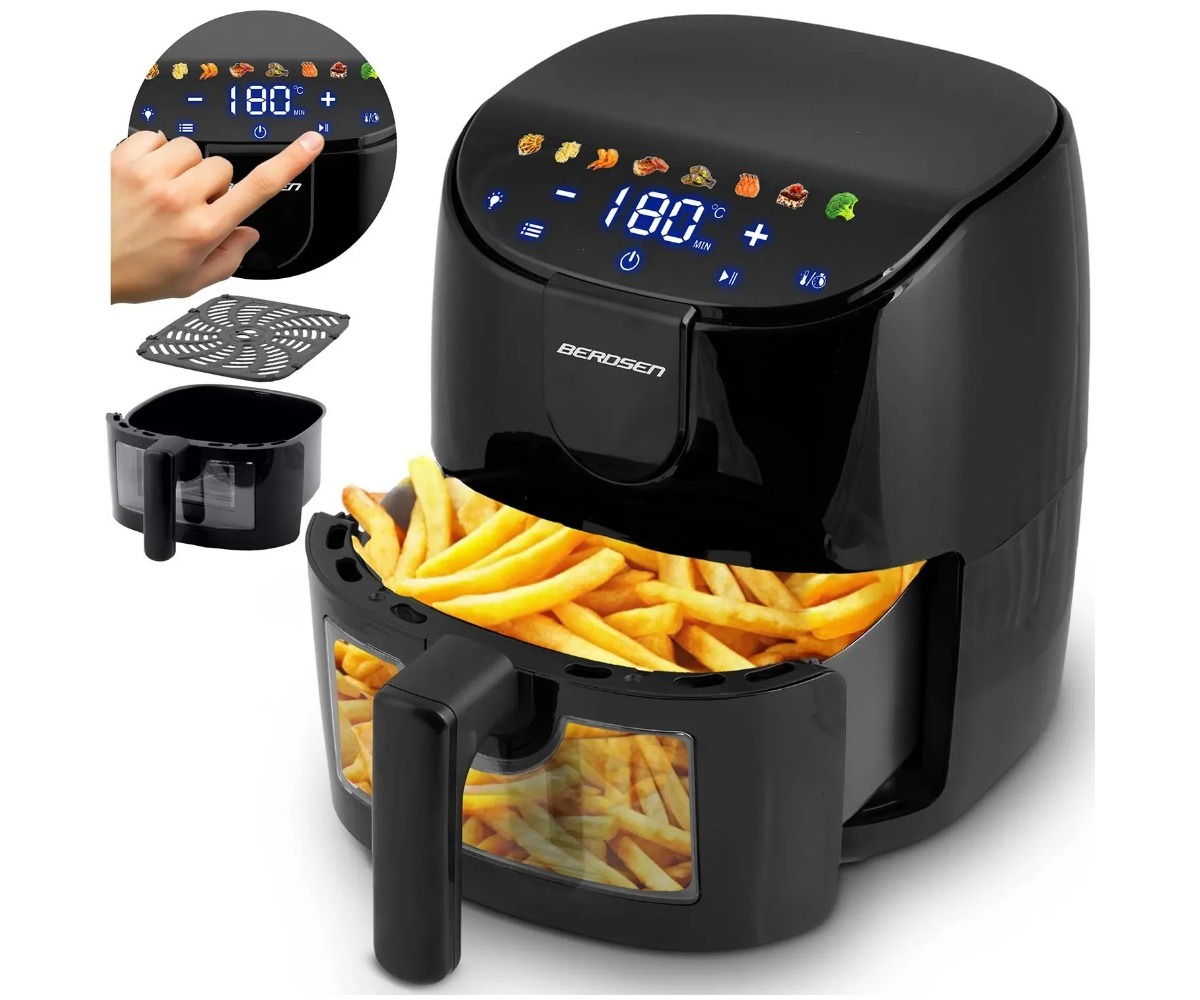 Kuumaõhufritüür 4L Air Fryer Berdsen BD-658 – must, lisavarustus ja praetud fries.