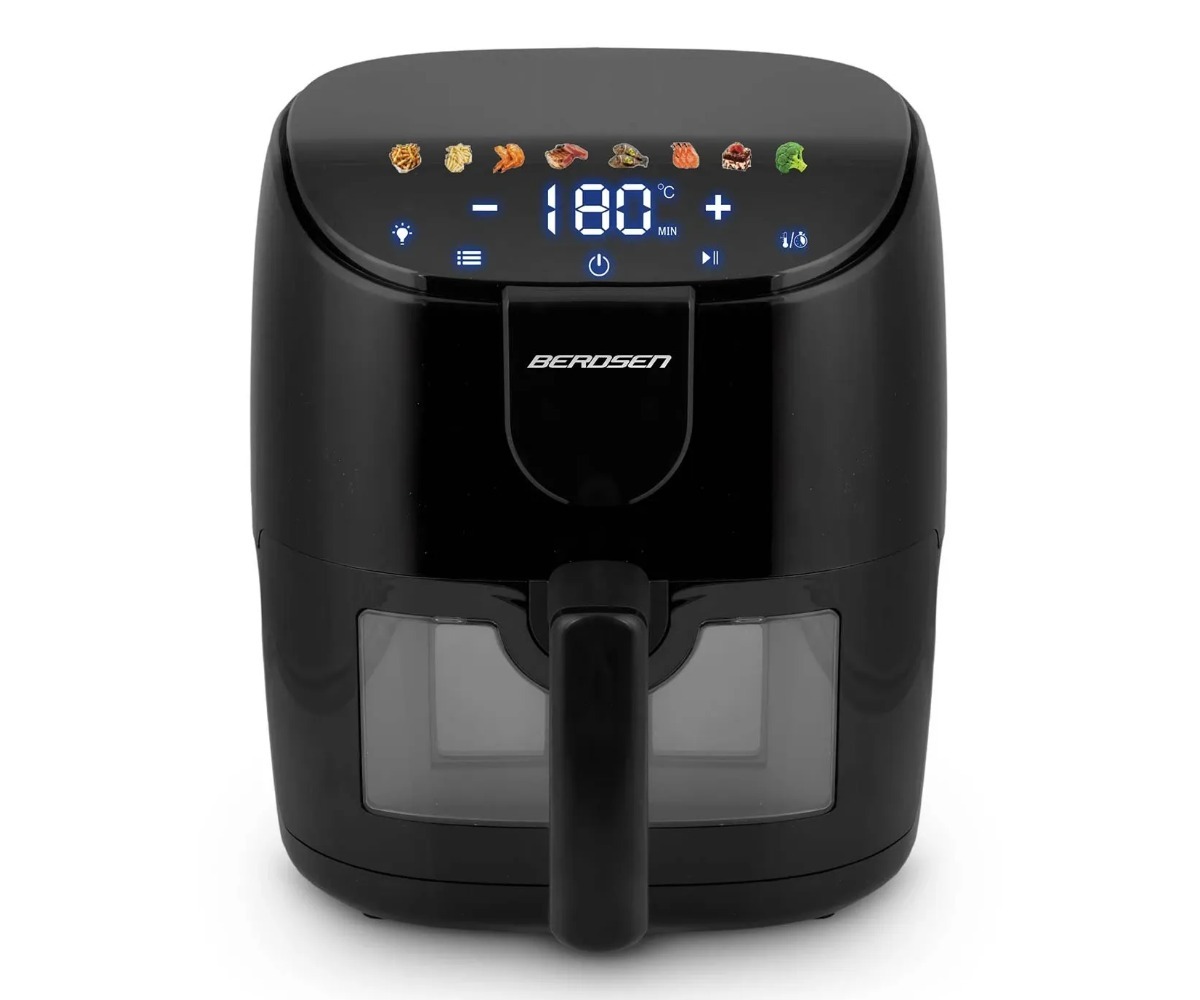 Kuumaõhufritüür 4L Air Fryer Berdsen BD-658 – must, juhtpaneel ja toiduvalikut nautiv disain.