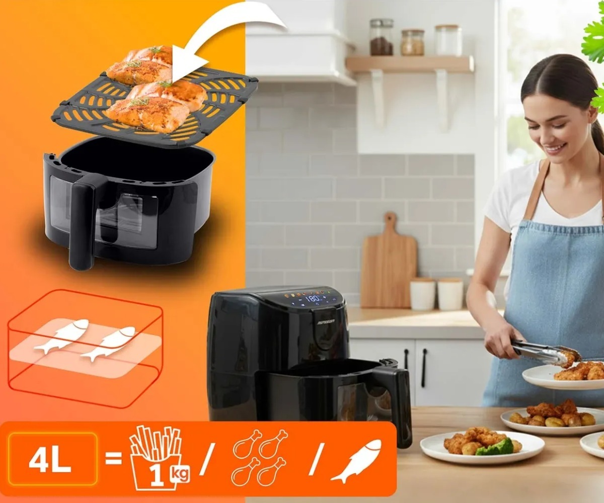 Kuumaõhufritüür 4L Air Fryer Berdsen, 4L maht ja erinevad toidud, mida saab küpsetada.