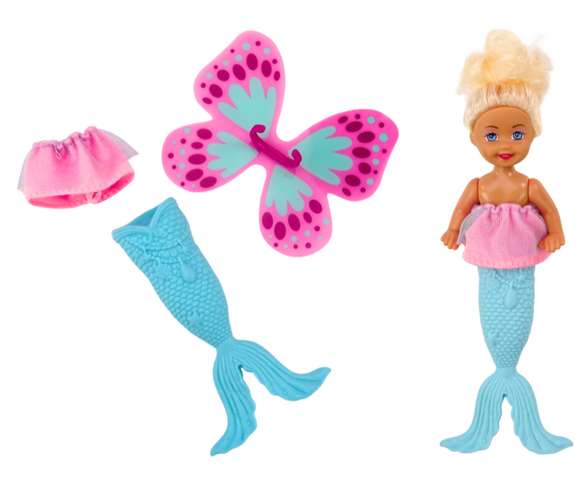 Mini nukk 2in1 – merineitsi ja haldjas, kõik mänguasi ja aksessuaarid laiali.