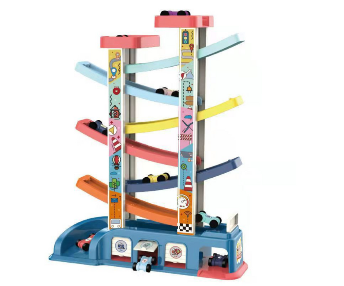 Pastelsetes toonides autode liumägi mitmetasandilise rajaga ja ohutute ümarate servadega