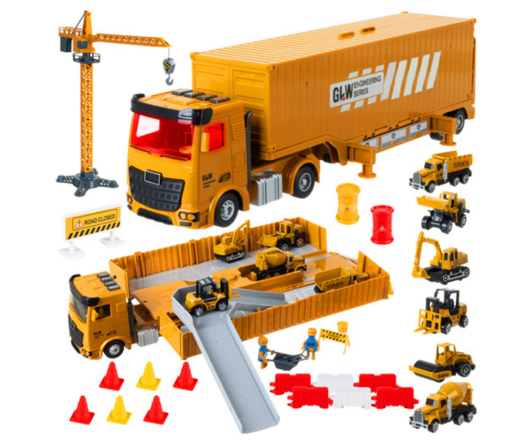 Suur ehitusauto ja tarvikute komplekt rollimänguks