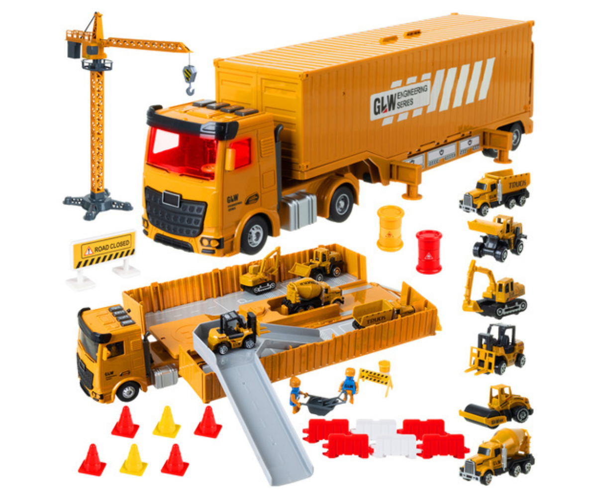 Suur ehitusauto ja tarvikute komplekt rollimänguks