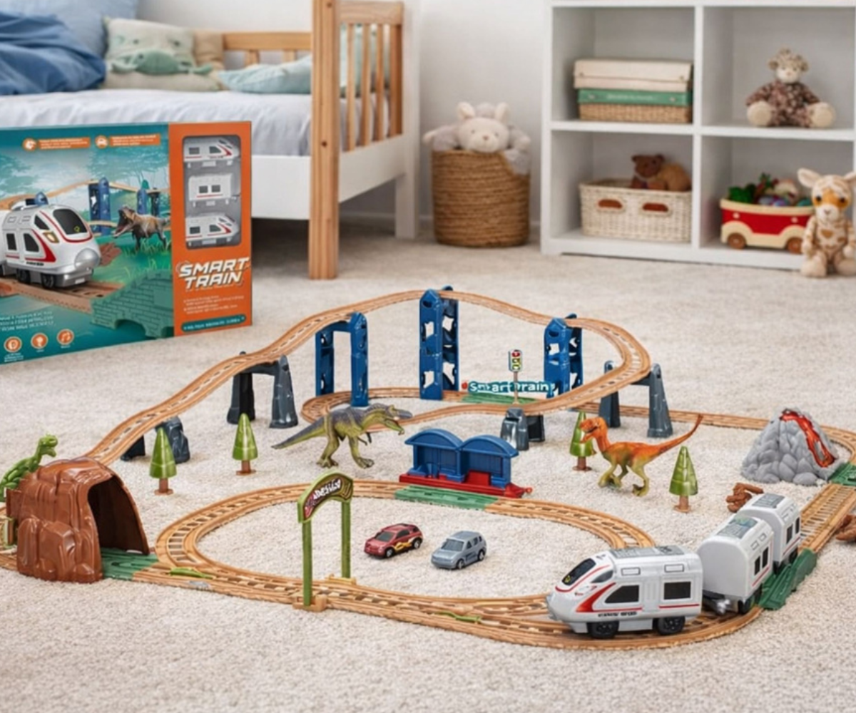 LEAN Toys elektriline rong jaamaga, tunneliga ja dinosaurustega