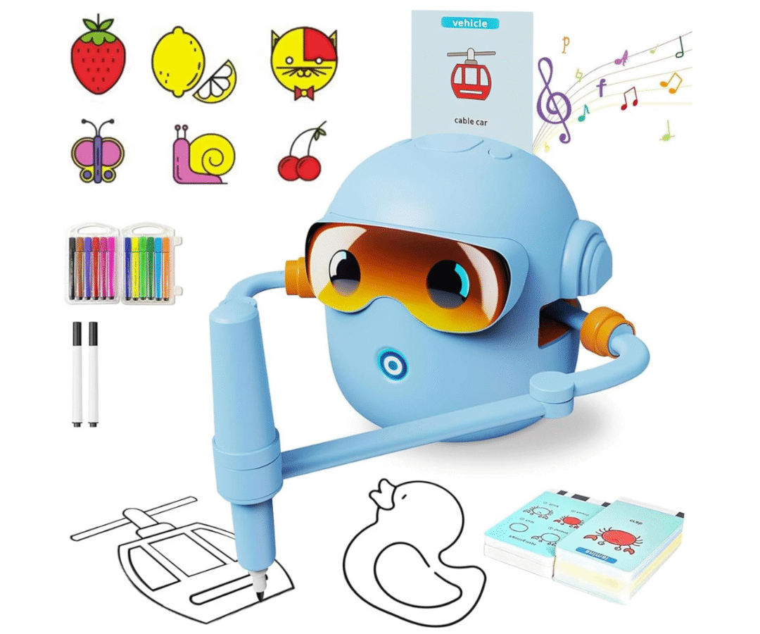 Hariv joonistusrobot sinises värvitoonis loovaks õppimiseks ja mänguks.