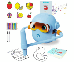 Hariv joonistusrobot sinises värvitoonis loovaks õppimiseks ja mänguks.