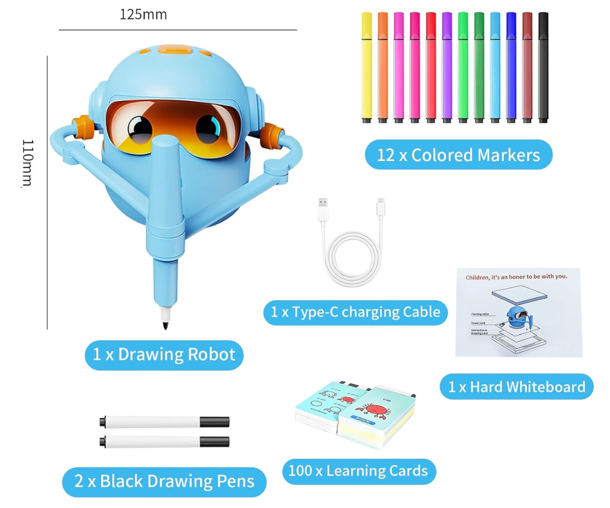 Interaktiivne joonistusrobot markerite ja joonistuskaartidega komplektina.