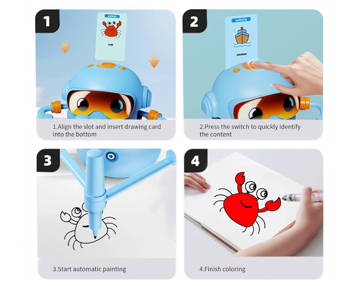 Sinine intelligentne joonistusrobot lastele häälejuhendiga, eestvaade.