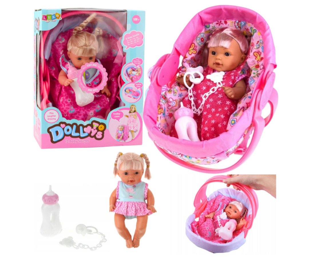 Interaktiivne beebinukk kandekotis koos pudeli ja lutiga