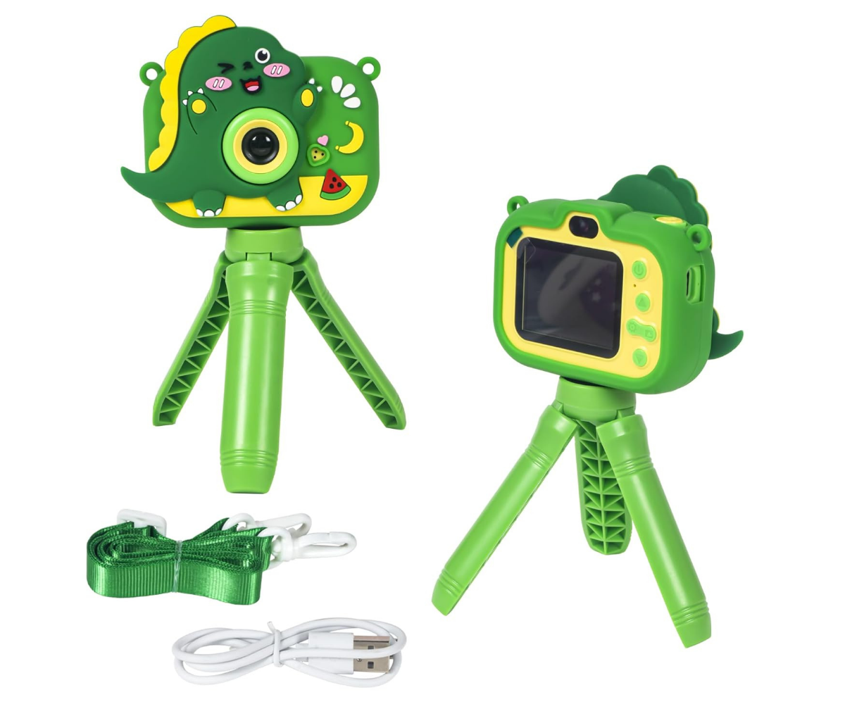 Dinosauruse disainiga roheline laste kaamera koos aluse ja tarvikutega.