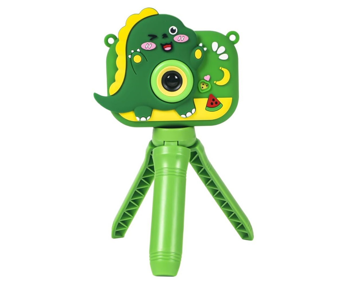 Laste digikaamera dinosaurus käes hoidmisel, sobiv suurus lapsele.