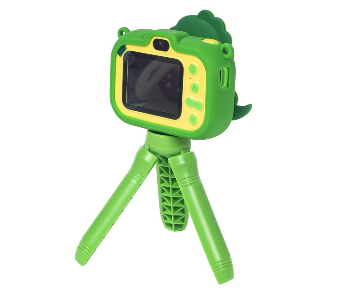 Roheline laste kaamera dinosaurus-teemaga, 2-tolline ekraan töös.