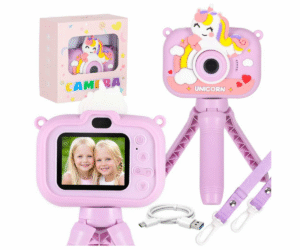Roosa laste digikaamera koos alusega ja 64 GB mälukaardiga, vaade eest