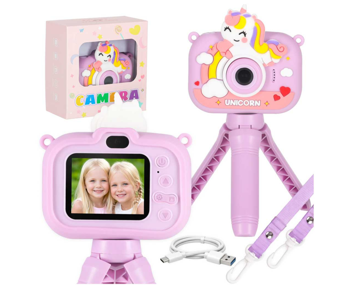 Roosa laste digikaamera koos alusega ja 64 GB mälukaardiga, vaade eest