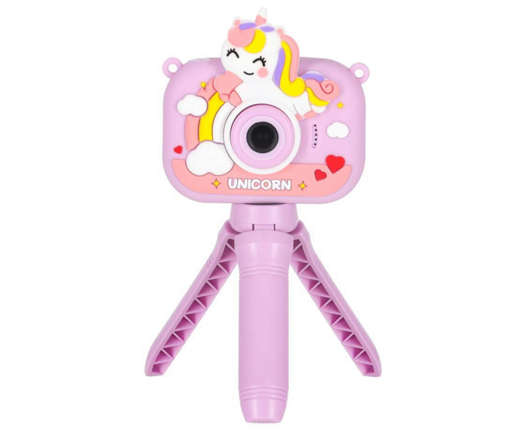 Laste roosa digikaamera tagantvaates, näha ekraan ja nupud.