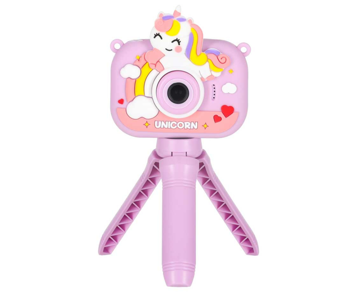 Laste roosa digikaamera tagantvaates, näha ekraan ja nupud.