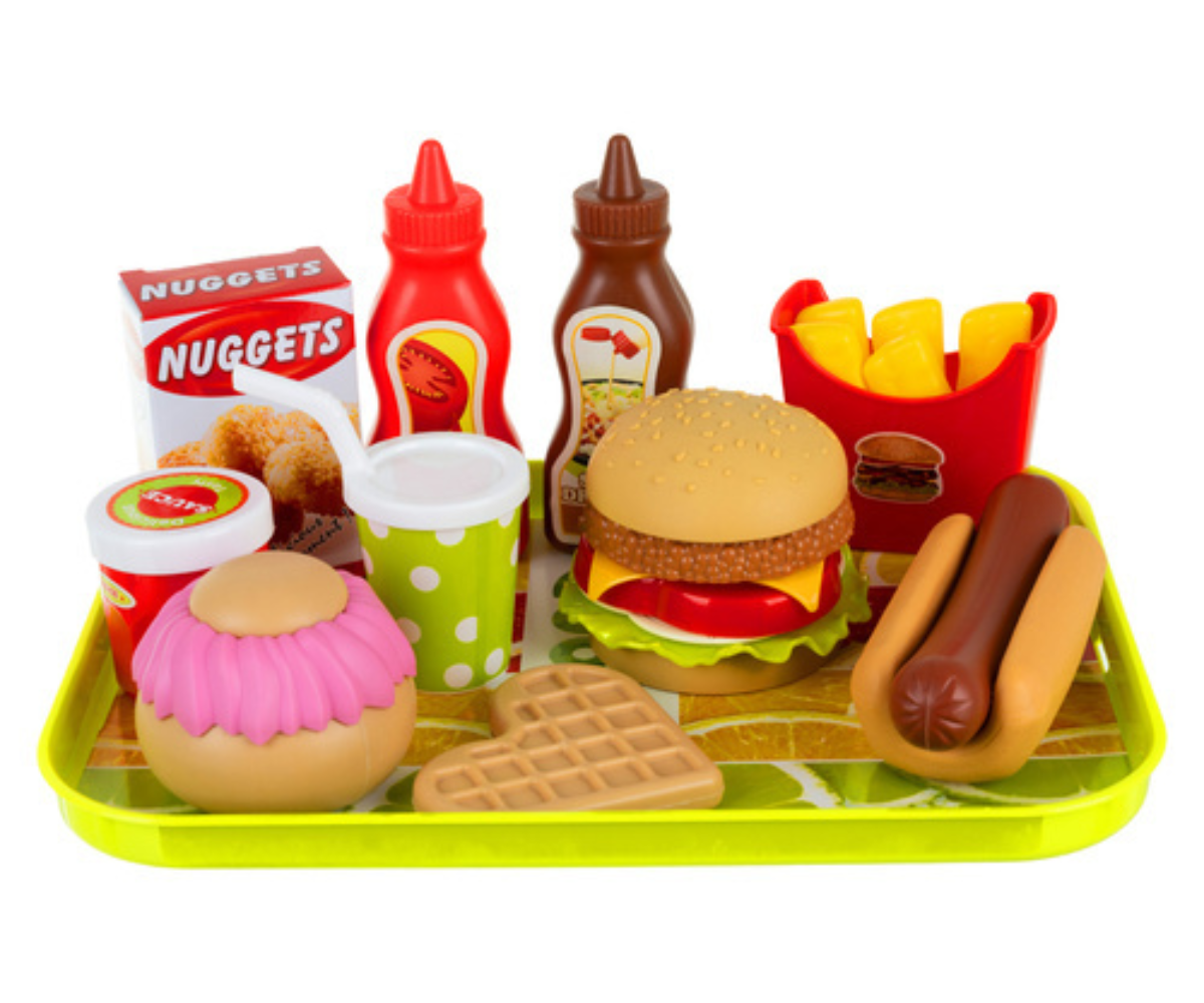 Värviline burgeri ja friikartulite mängutoit laste rollimängudeks.
