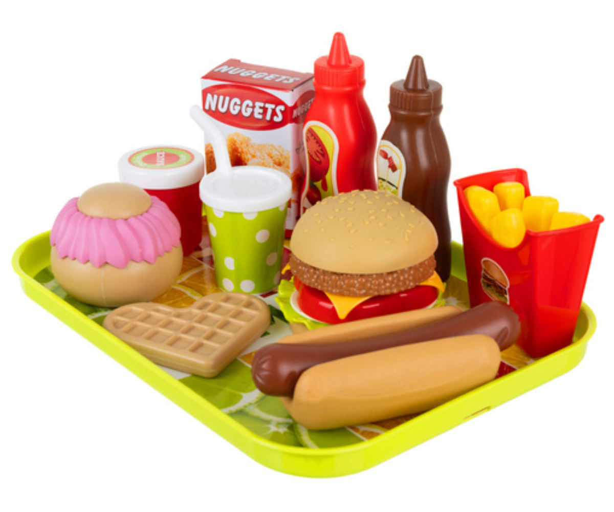 Kiirtoidu mängukomplekt kandikuga restoranimänguks.