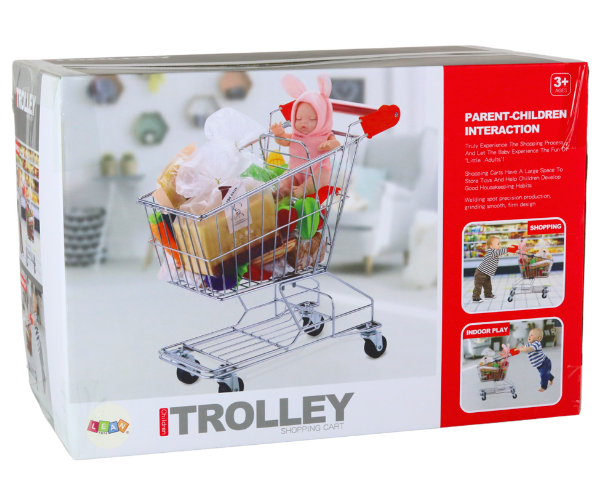 Hõbedane metallist laste ostukäru suure ostukorviga