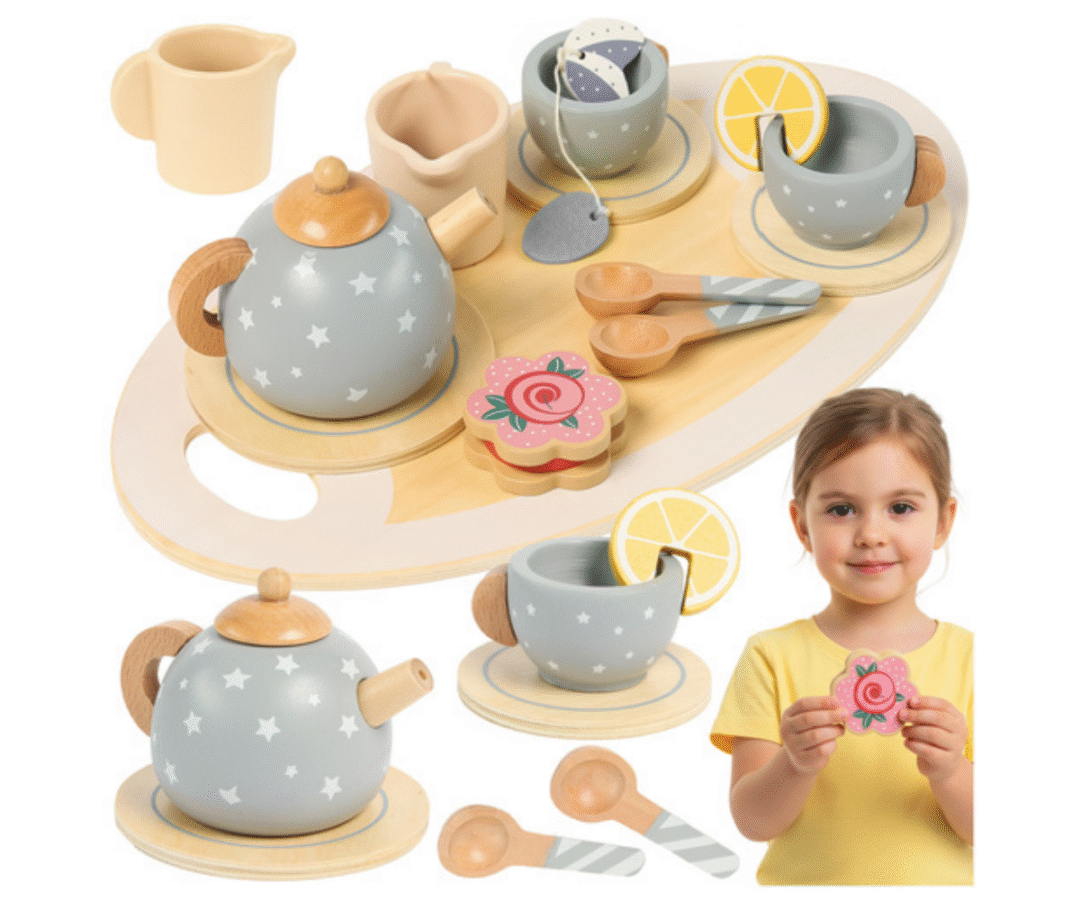 Hall puidust teekomplekt pakendis, sobiv kingituseks.