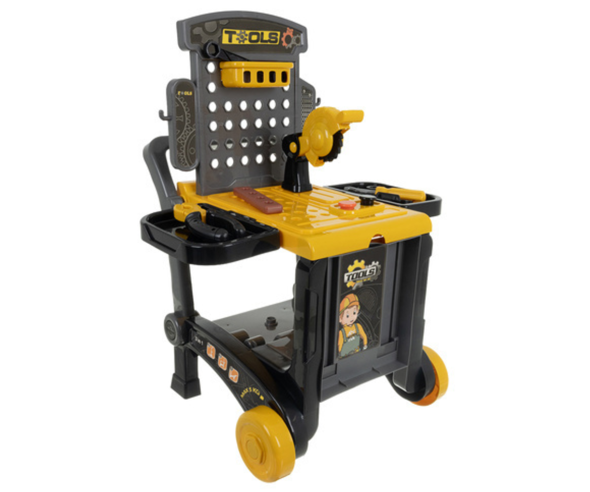 Laste töökoda käru- ja kärufunktsiooniga ratastel.