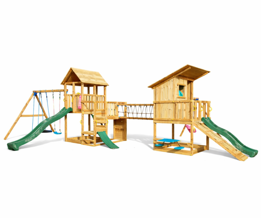 Mänguväljak Penthouse + Beach Hut + kiigemoodul Swing + sild (naturaalne) kahe torniga